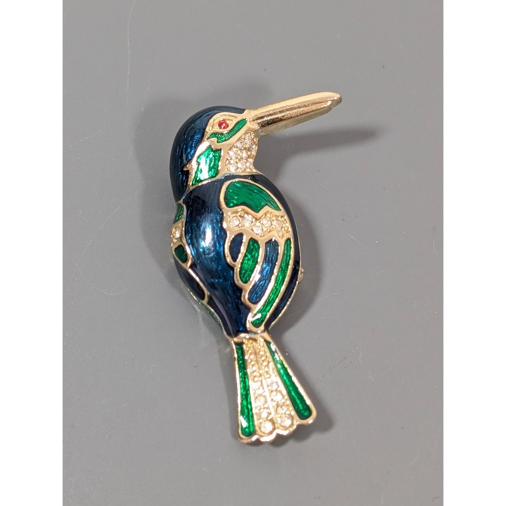 Vintage Giovanni Gold tone Blue‎ Green Enamel Rhinestone Bird Brooch Pin